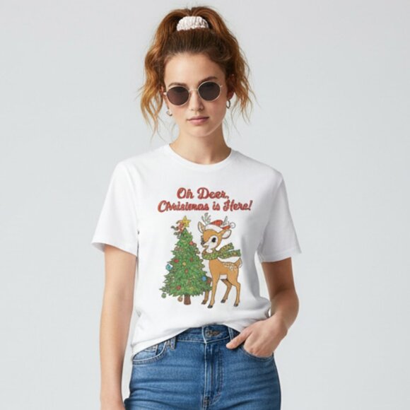 Funny Christmas Graphic Tee Cute Deer Holiday T-Shirt - Picture 1 of 5